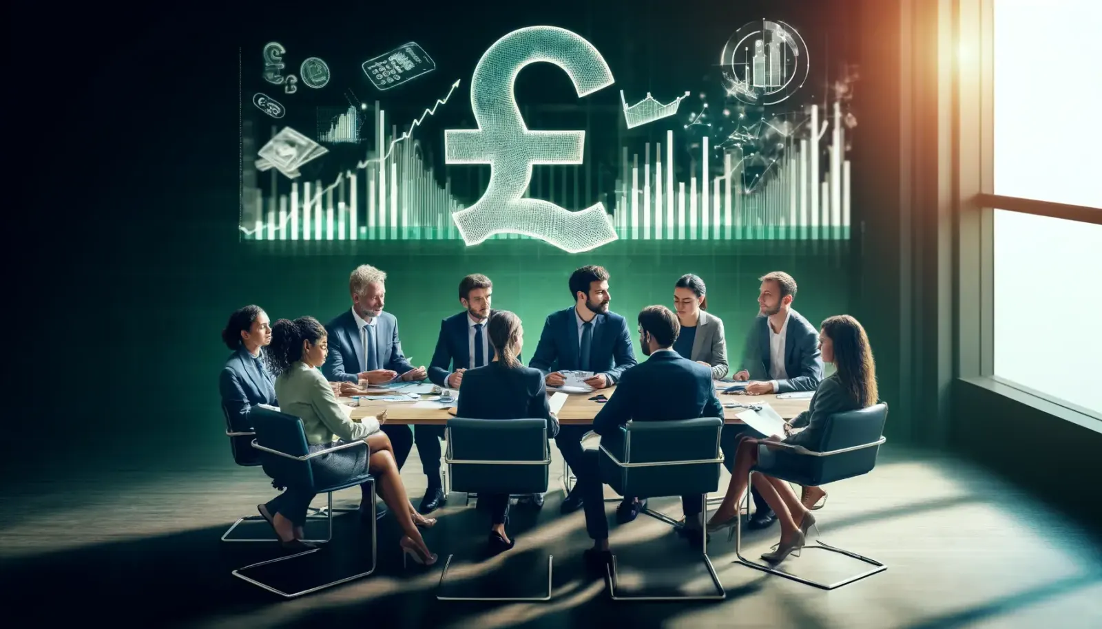 A group of people in business dress seated around a boardroom table, with financial charts projected behind them