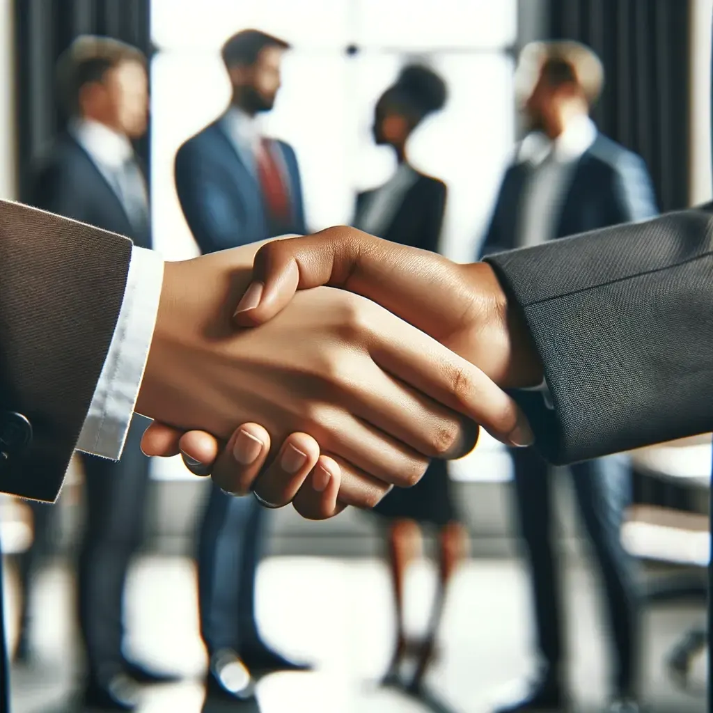 Two people shaking hands in an office, with colleagues talking in the background