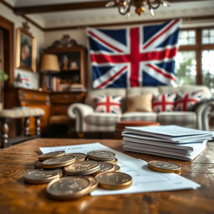 Pound coins and a stack of printed documents spread across a wooden table