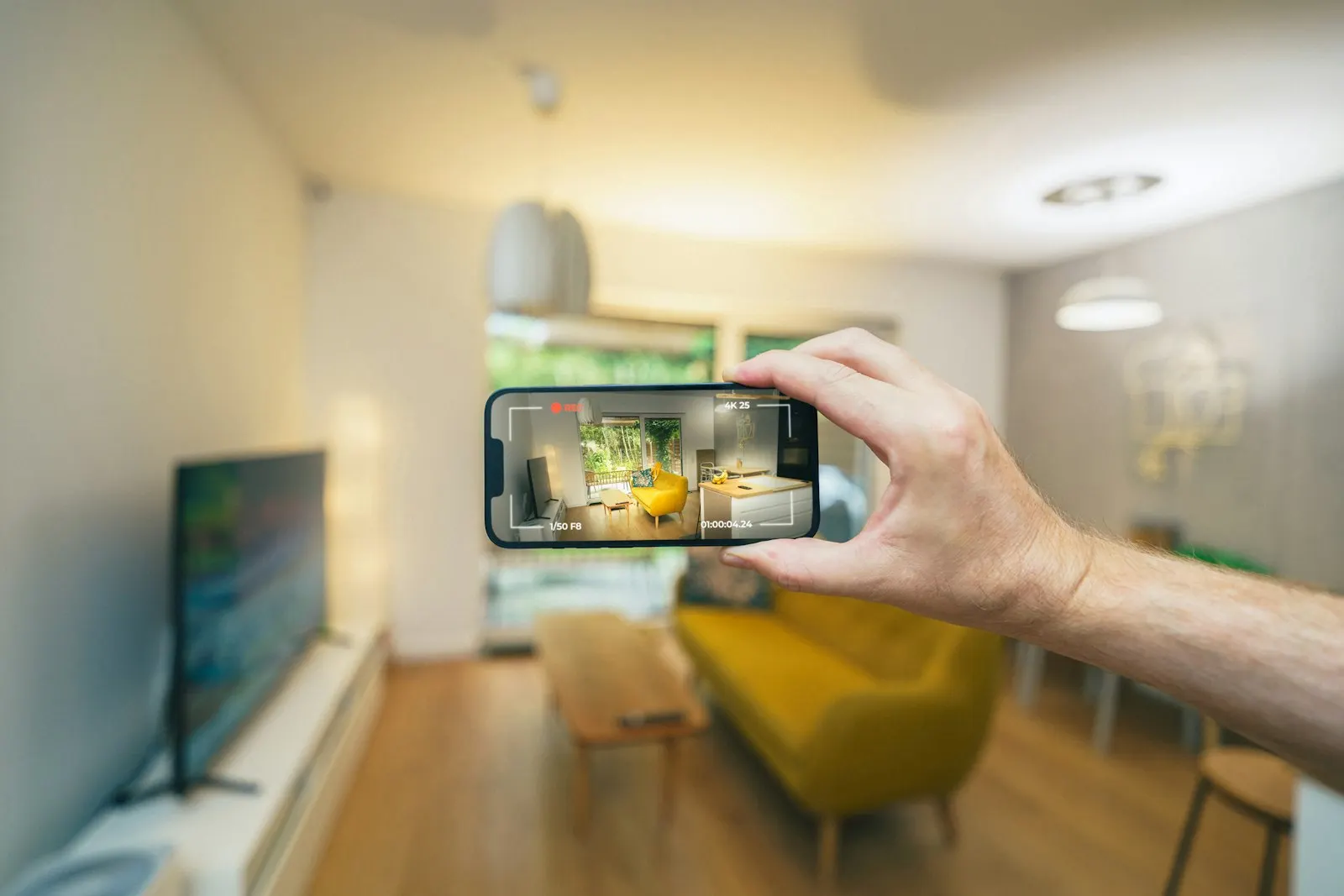 A hand holding a phone, photographing a furnished living room